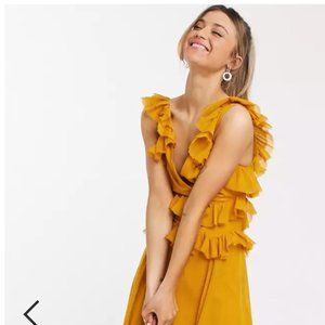 ASOS DESIGN mustard tiered ruffle maxi dress with tie back Size US 6